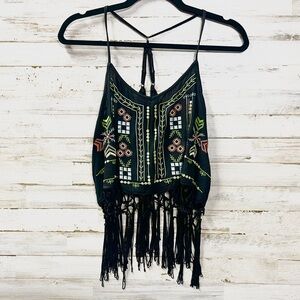 Ocean Drive Navy Embroidered Fringe Halter Crop